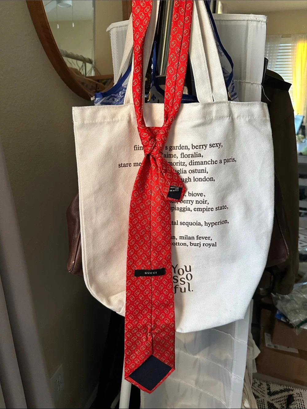 Designer Gucci Red Silk Tie with Subtle Logo Medallions
